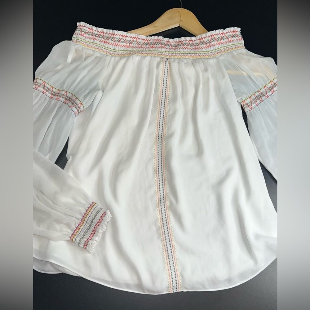White House Black Market Oceana Boho Off-Shoulder Blouse with Sheer Sleeve Sz M